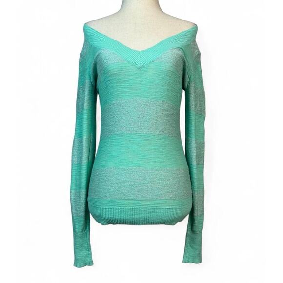 Express Womens V Neck Striped Sweater Size S Glitter Y2K Mint Green Off Shoulder - Picture 1 of 10